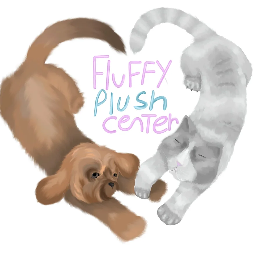 Logo de Fluffy Plush Center: un perrito y un gatito abrazados formando un corazón