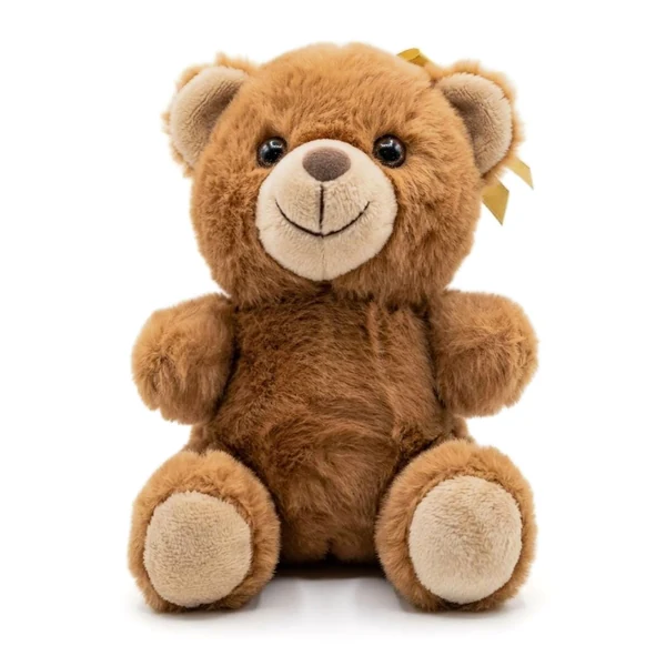 Peluche de osito marrón con hocico y patas beige y un moño dorado en la oreja