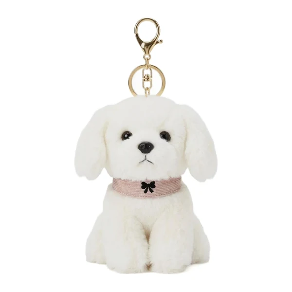 Peluche llavero de perrito blanco con collar rosa con moño, y mosquetón dorado