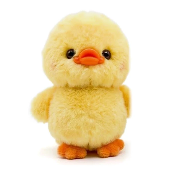 Peluche de pollito amarillo con pico y patas naranjas