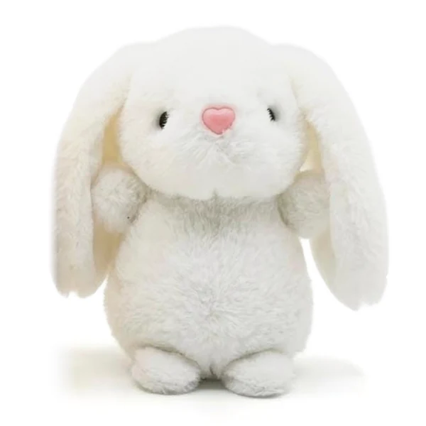 Peluche de conejito blanco de orejas caídas y nariz rosa en forma de corazón