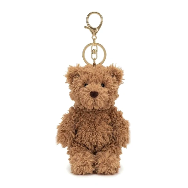 Peluche llavero de osito marrón de pelo enrulado, con mosquetón dorado