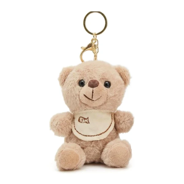 Peluche llavero de osito beige con babero, con mosquetón dorado