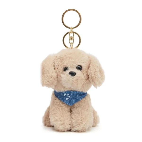 Peluche llavero de perrito beige con pañuelo de jean, con argolla dorada